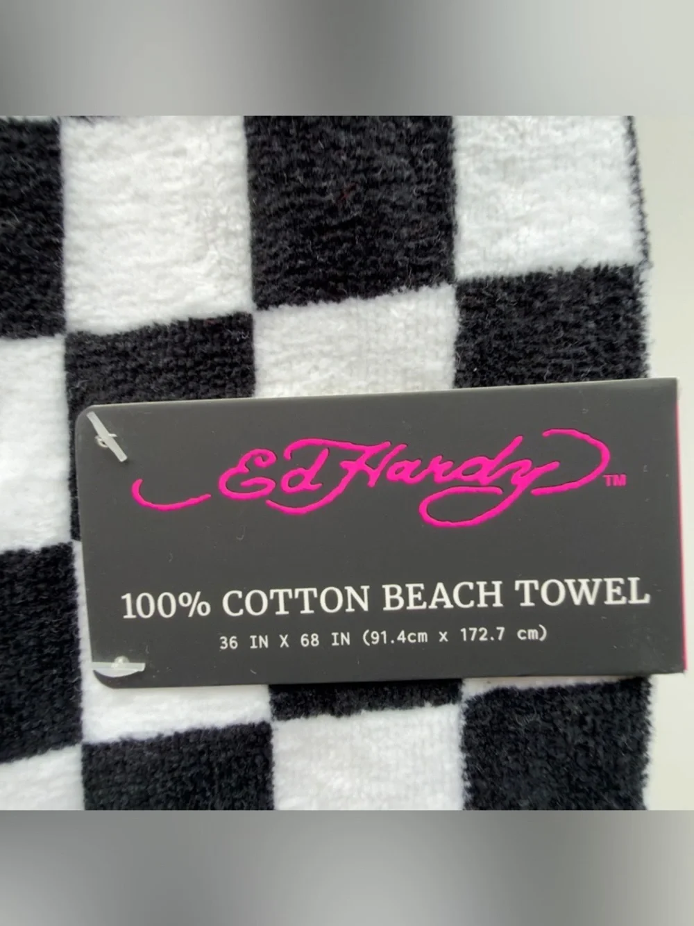 Ed Hardy Black, White & Pink Checkerboard Skull Beach Towel